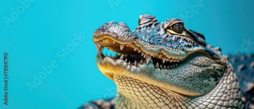 Vivid Chinese Alligator Portrait isolated on flat blue background with copy space, banner template. Close-up of a Chinese alligator opening its mouth.