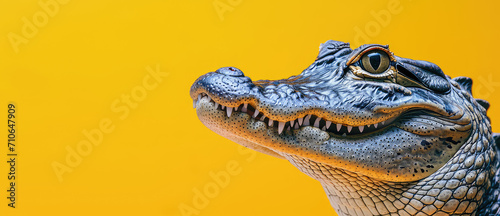 Vivid Chinese Alligator Portrait isolated on flat yellow background with copy space  banner template. Close-up of a Chinese alligator opening its mouth.