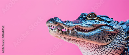 Vivid Chinese Alligator Portrait isolated on flat pink background with copy space, banner template. Close-up of a Chinese alligator opening its mouth. photo