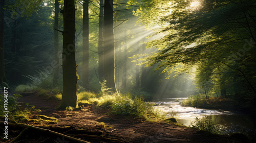 Light breaking through the foliage of trees in the forest