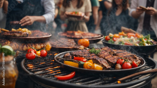 Barbeque grill with delicious grilled meat and vegetables on blurred party people background High quality photo 