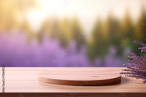 Round Wooden Serving Board on Pine Table with Lavender Sprigs Against a Blurred Forest and Sunset Background - Rustic Kitchenware Presentation in Natural Setting