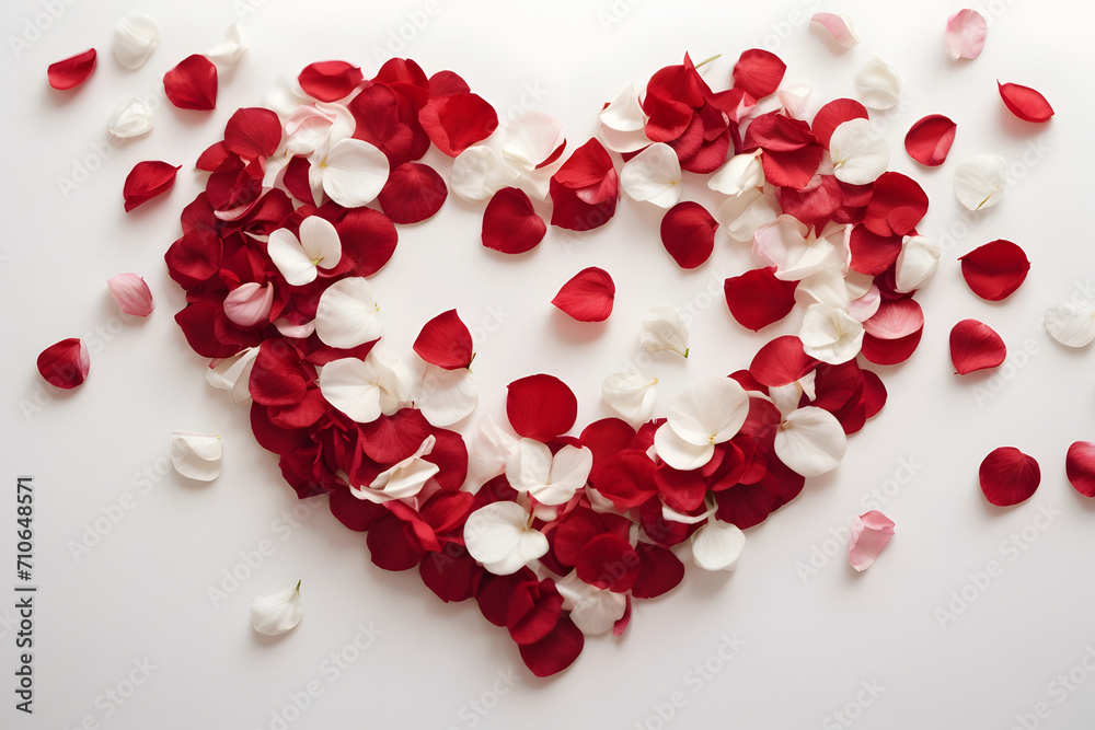 Minimal romantic background in the shape of a heart made of red and white rose petals Minimal romantic background in the shape of a heart made of red and white rose petals