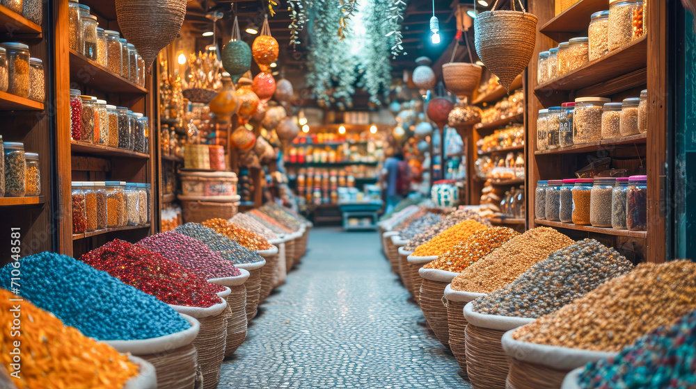 The image shows a row of woven baskets overflowing with a variety of nuts and spices. - obrazy, fototapety, plakaty 
