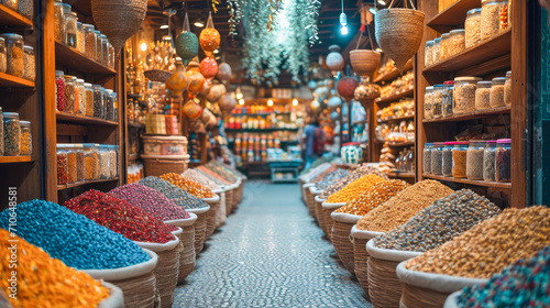 The image shows a row of woven baskets overflowing with a variety of nuts and spices.
