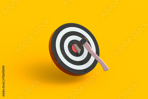 Falling axe and bullseye. Hitting the goal. Bullseye and ax. Sports competition. 3d render photo