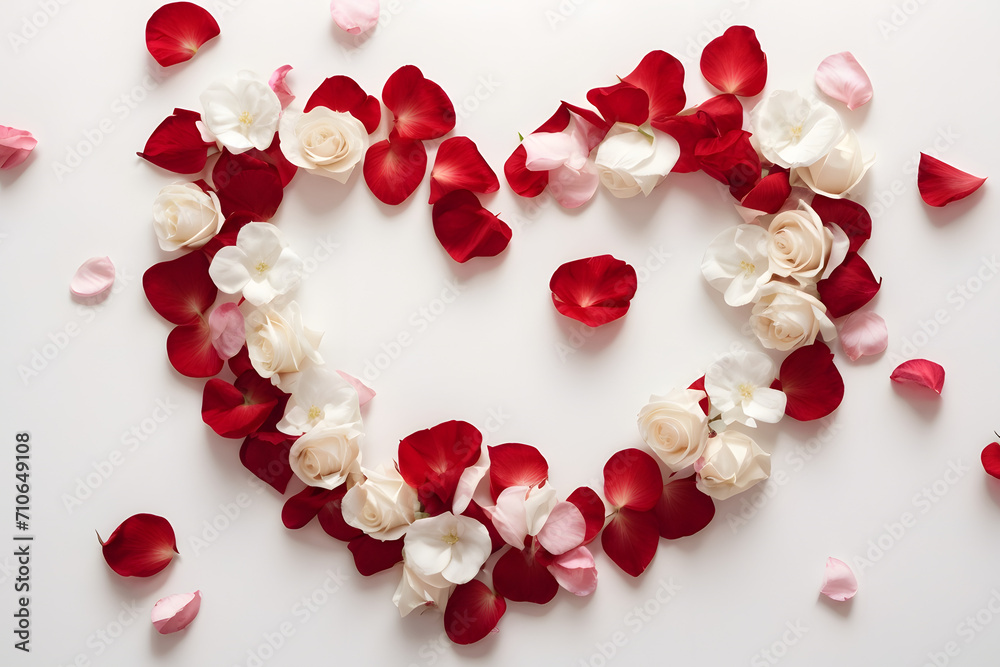 Minimal romantic background in the shape of a heart made of red and white rose petals Minimal romantic background in the shape of a heart made of red and white rose petals