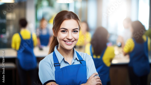 Organization of office cleaning services. Smiling cleaning lady girl photo