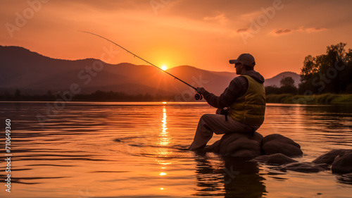 Man fishing at sunset on serene mountain lake