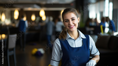 Organization of office cleaning services. Smiling cleaning lady girl