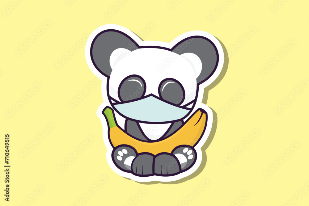 Cute Teddy Bear wearing mask with banana sticker design vector illustration. Animal nature icon concept. Flat cartoon style icon design.
