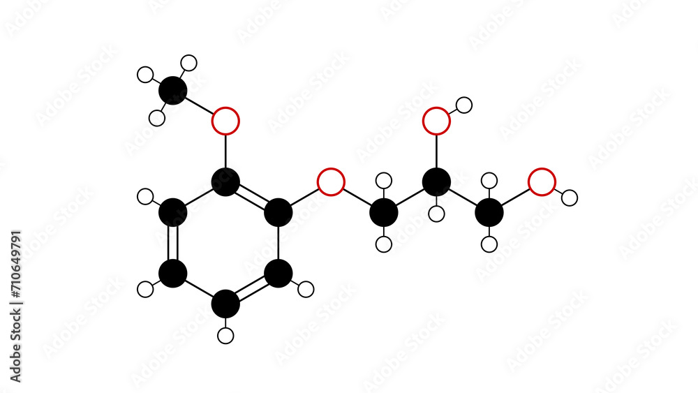 guaifenesin molecule, structural chemical formula, ball-and-stick model, isolated image glyceryl guaiacolate