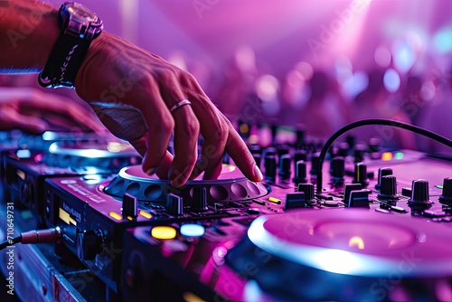 DJ is turning switches on controller close up in purple nightclub light, male hands visible against crowded background