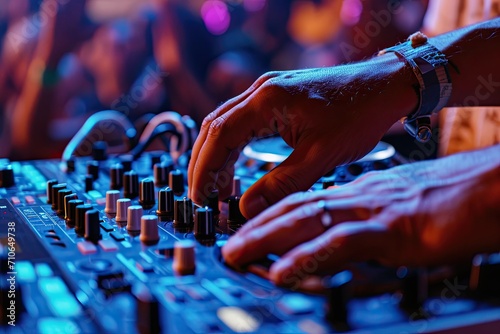 Close up of DJ hands controlling a music table in a night club