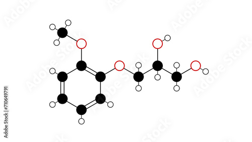 guaifenesin molecule, structural chemical formula, ball-and-stick model, isolated image glyceryl guaiacolate