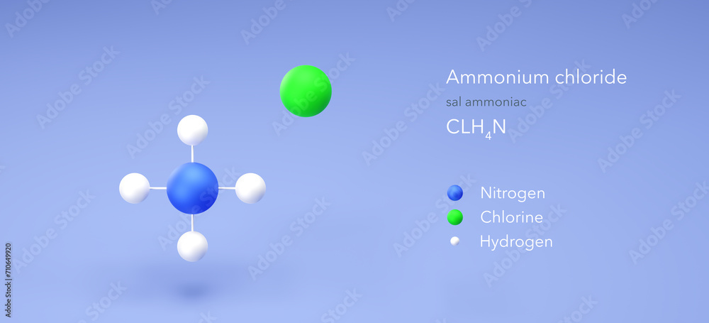 ammonium chloride molecule, molecular structures, sal ammoniac, 3d model, Structural Chemical Formula and Atoms with Color Coding ammonium chloride molecule, molecular structures, sal ammoniac, 3d model, Structural Chemical Formula and Atoms with Color Coding
