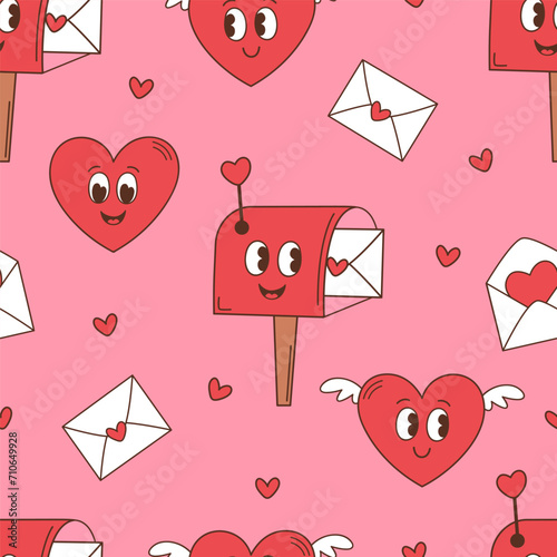 seamless pattern with groovy  post box, envelope, heart for Valentine Day