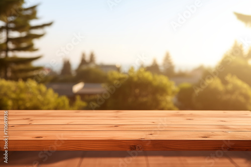 Cedar Table with Golden Hour Glow: Warm Sunlight Over Suburban Backdrop with Blurred Trees - Ideal for Outdoor Living Product Display
