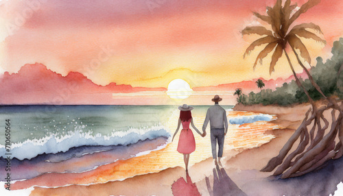 Watercolor Art Painting: Romantic Beach Stroll Intimately at Dusk