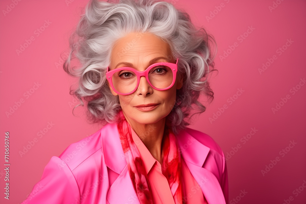 Beautiful bright stylish woman 60 years old wearing glasses close-up on a pink background, portrait