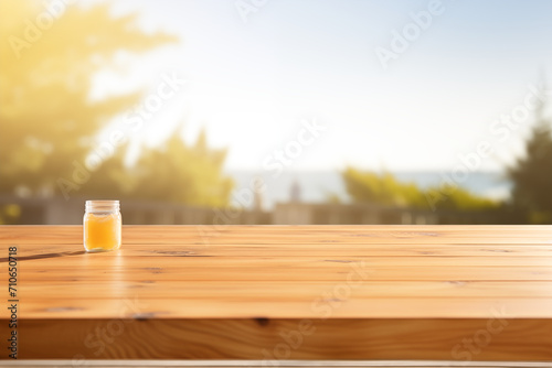 Natural Honey Jar on Cedar Table: Artisanal Product Presentation with Sunlit Trees and Lake View - Fresh Outdoor Morning Setting