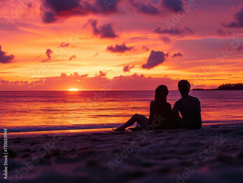 Romantic couple sitting on the beach and watching a beautiful sunset.
