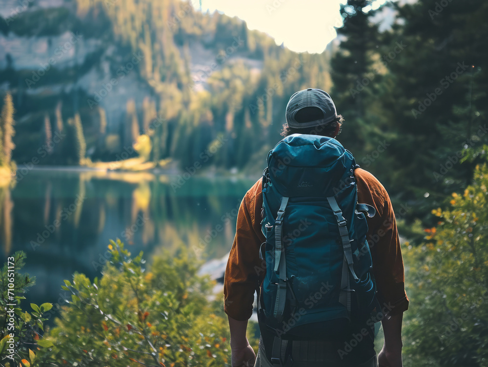 Hiking man with backpack on the background of a mountain lake. Hiking man with backpack on the background of a mountain lake.