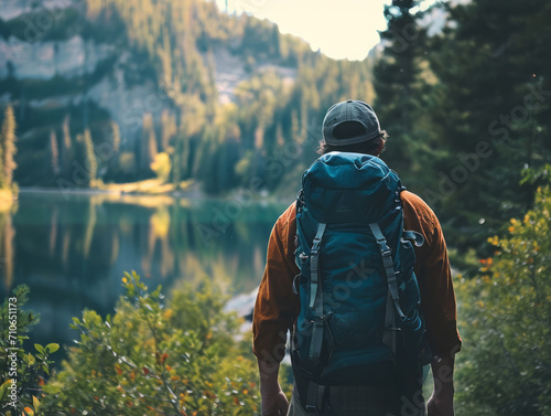 Hiking man with backpack on the background of a mountain lake.