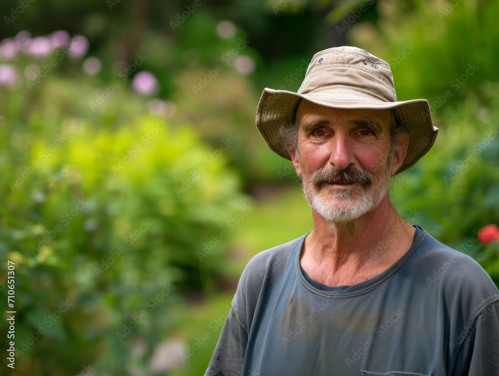 Portrait of a senior man in the garden, wearing a hat.