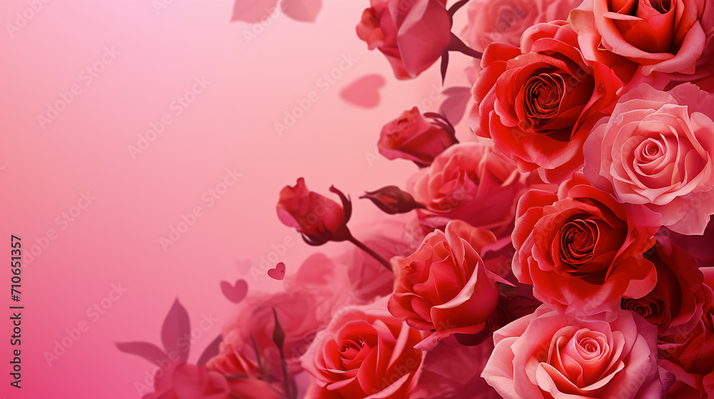 pink background with roses on the right, empty space for text on the left. for cards, banners, invitations, design. copy space