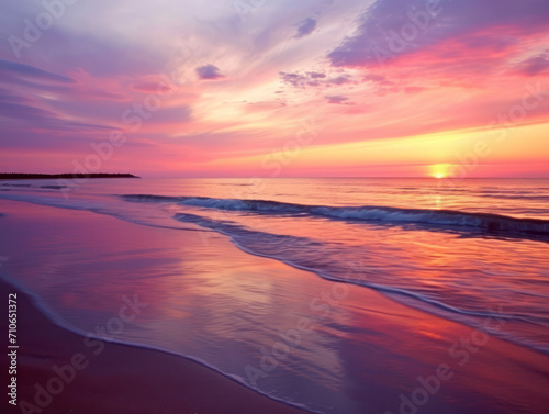 Beautiful sunset on the beach. Colorful sky at sunset.