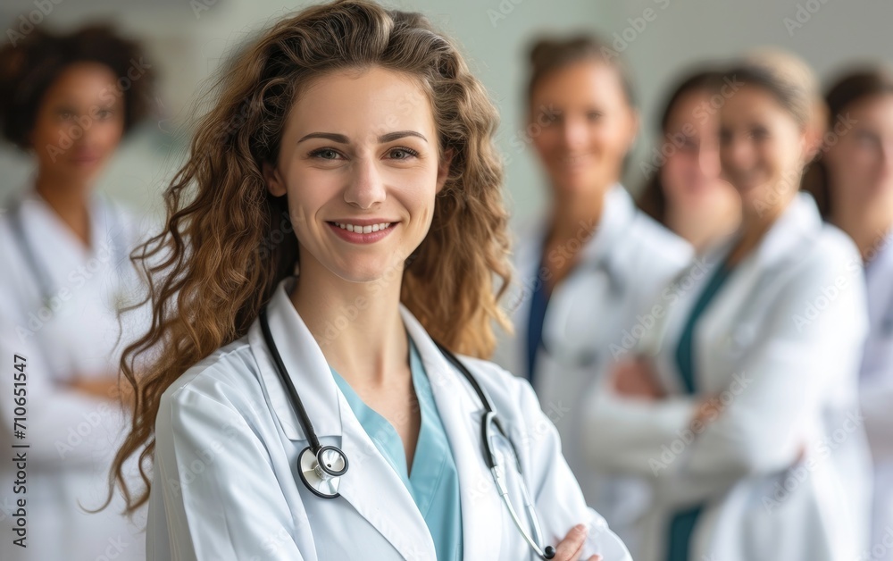 Doctor woman standing in front of other doctors, space for copy Doctor woman standing in front of other doctors, space for copy