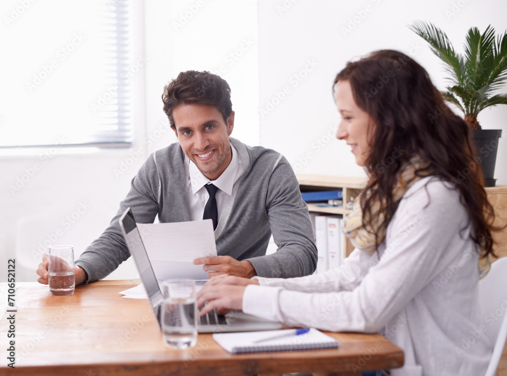 Business people, collaboration and planning on computer in office with documents for editing, review and feedback. Portrait of manager, editor or man and woman on laptop for copywriting advice Business people, collaboration and planning on computer in office with documents for editing, review and feedback. Portrait of manager, editor or man and woman on laptop for copywriting advice