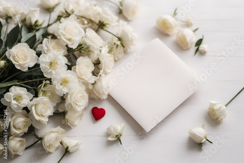 A minimal romantic concept with white roses, red heart and note paper