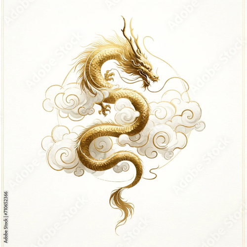 minimalist watercolor art illustrations of a mythical gold dragon on a cloud, designed in a traditional Chinese style