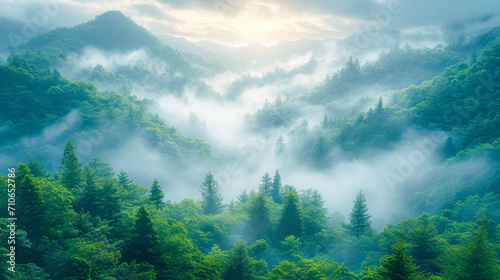 A lush, green forest with tall trees and ferns growing beneath a misty sunrise. © Toey Meaong