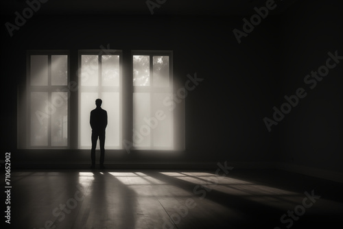 The silhouette of a lonely man in an empty dark room. © Anna