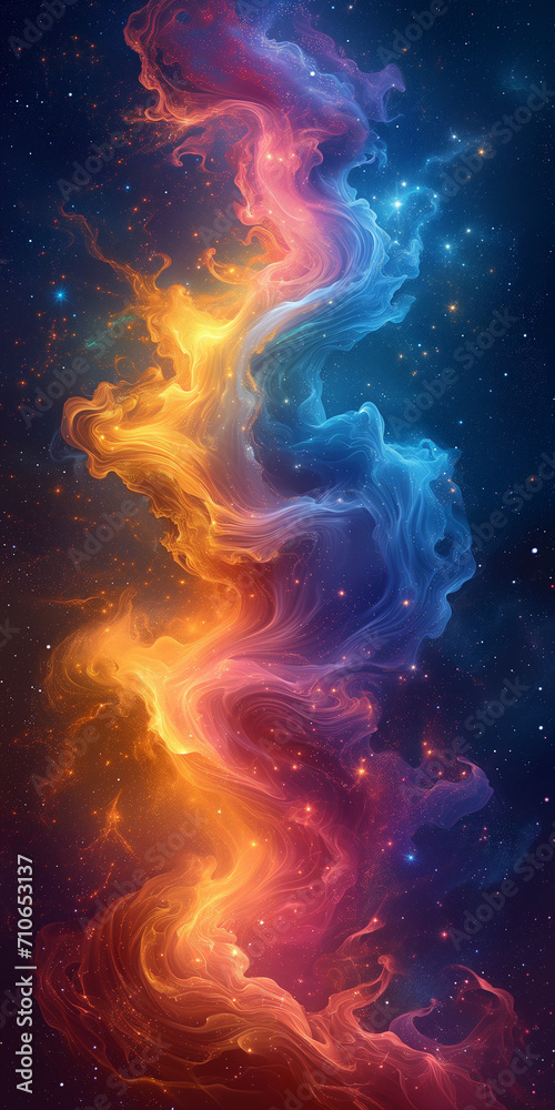 A colorful wallpaper of colorful ripples with fire near the night sky, Generative AI
