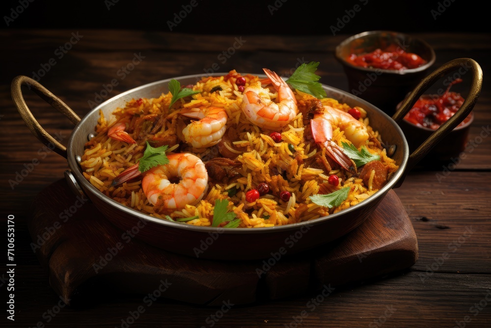 Biryani in pan on dark wooden background Fresh prawns