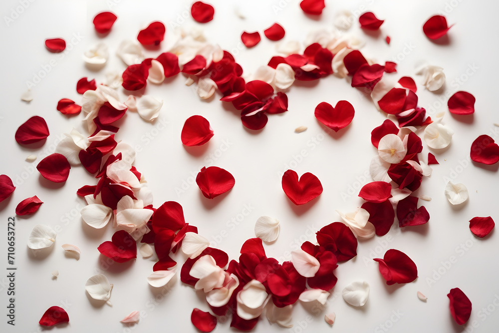 Minimal romantic background in the shape of a heart made of red and white rose petals Minimal romantic background in the shape of a heart made of red and white rose petals