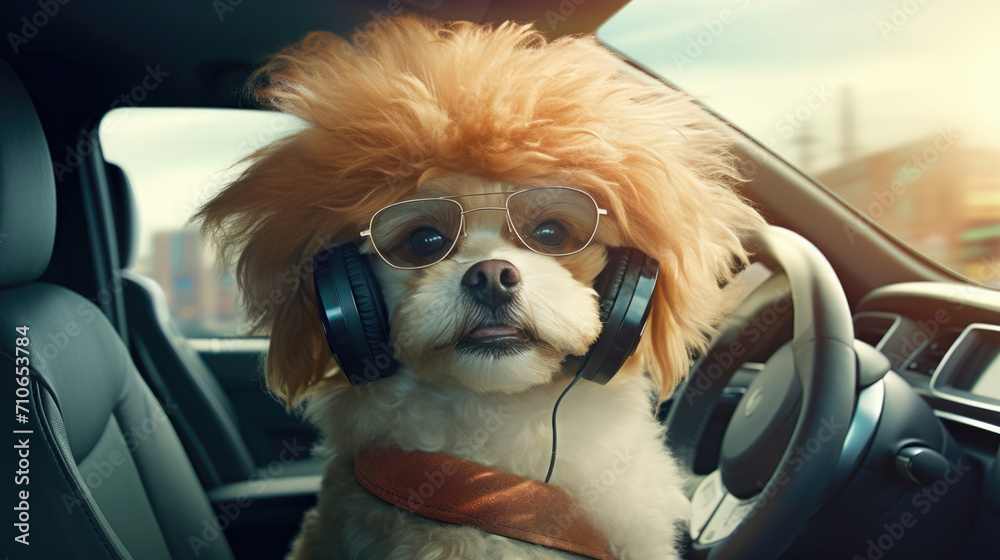 A stylish pup with headphones, catching all the sights while grooving in the car A stylish pup with headphones, catching all the sights while grooving in the car