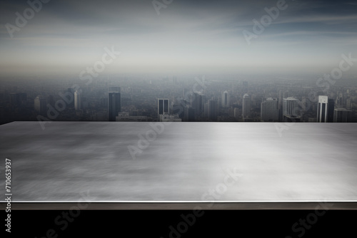 Urban Elegance  Sleek Concrete Presentation Table Overlooking a Hazy Cityscape at Dawn - Ideal for High-Concept Displays