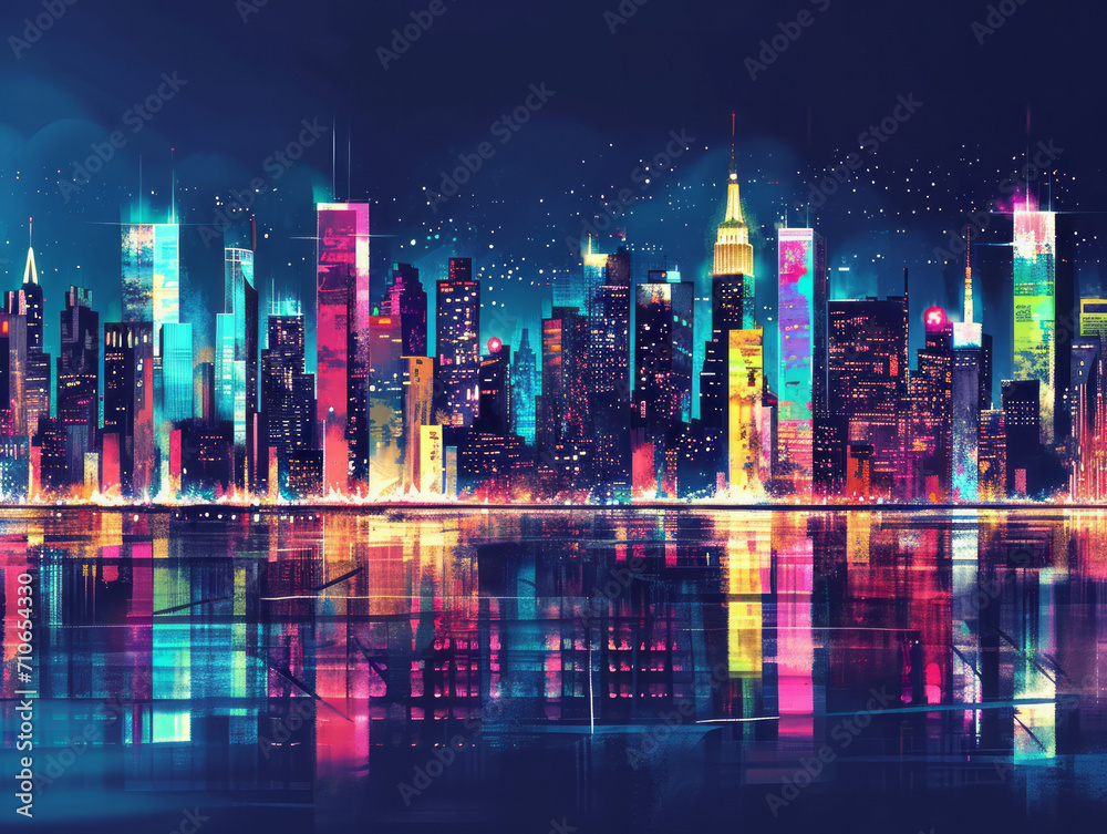 Obraz premium New York City skyline at night with reflection in water. Vector illustration.