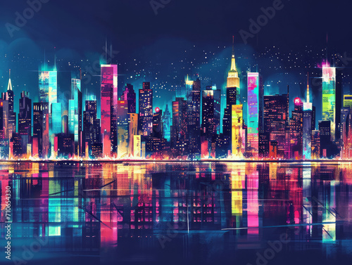 New York City skyline at night with reflection in water. Vector illustration.