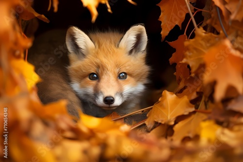 A baby fox curled up in a cozy den lined with autumn leaves.