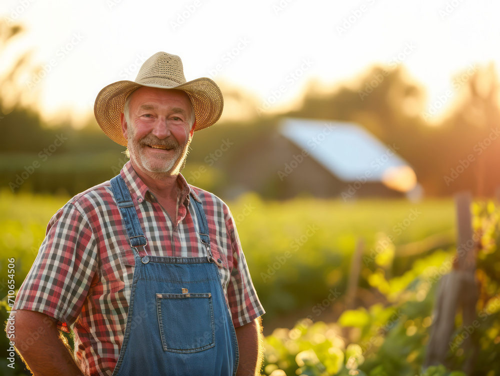 Portrait of senior farmer standing in his vegetable garden at sunset.