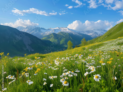 Beautiful alpine meadow with daisies and snow-capped mountains in the background