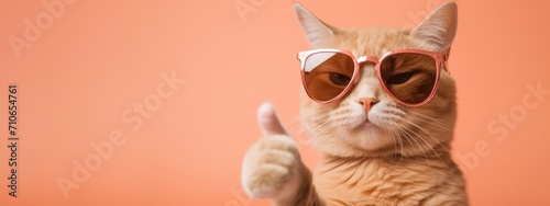 Funny animal pet - Cat with sunglasses, giving thumb up, isolated on peach fuzz color background.