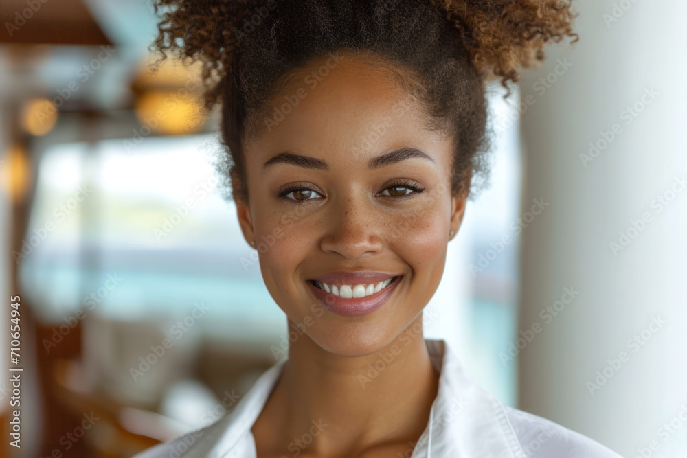 Afro woman wearing cruise ship staff uniform, boat service crew Afro woman wearing cruise ship staff uniform, boat service crew