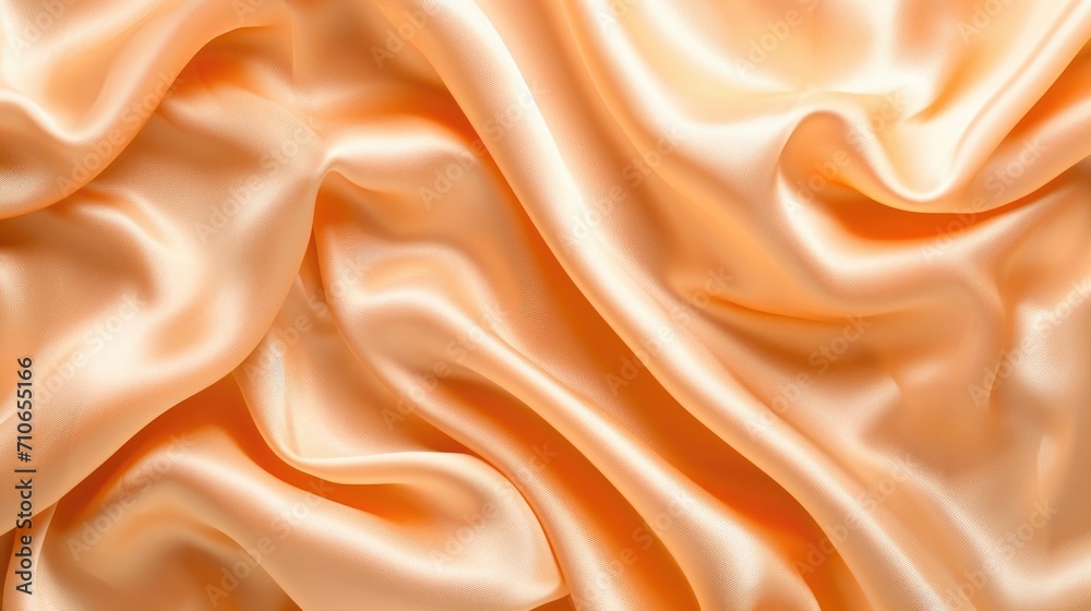 Fototapeta premium A close-up image of a luxurious peach-colored satin fabric with smooth, flowing waves and soft folds, capturing the light and shadows which create a dynamic texture.